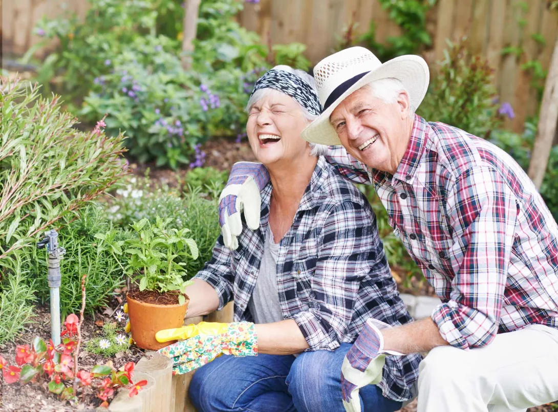 Zwei Menschen lachend bei der Gartenarbeit
